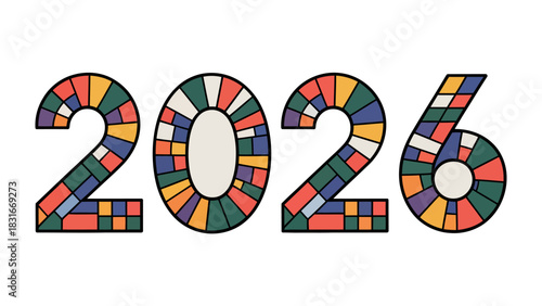 New Year 2026: A vibrant and colorful display of the year 2026, composed of intricate, geometric patterns. A symbol of anticipation and optimism for the future.