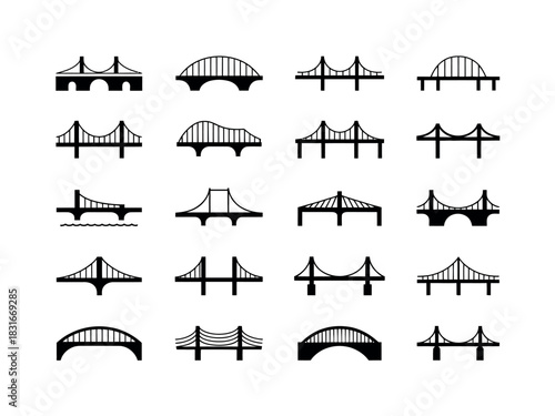 A grid displays various silhouette illustrations of different bridge designs, showcasing architectural variety and engineering concepts.