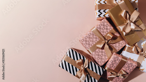 festive background lots of gift boxes with bows birthday gifts, valentine's day, anniversary gift, new year and christmas gift boxes.