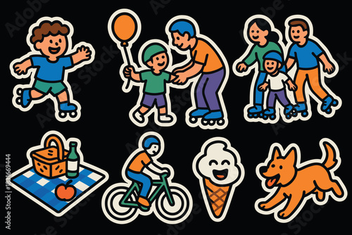 Playful family fun icons: skating, cycling, picnic, and outdoor activities for graphic design and decoration