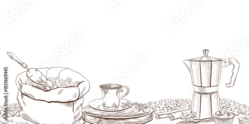 Seamless border metal geyser coffee maker,coffee beans,cinnamon,vanilla pods and flowers,chocolate,sweet dessert Turkish delight,burlap sack,metal scoop,cup of cofee with anise on wooden serving board