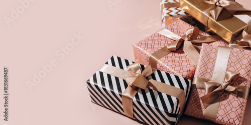 festive background lots of gift boxes with bows birthday gifts, valentine's day, anniversary gift, new year and christmas gift boxes.