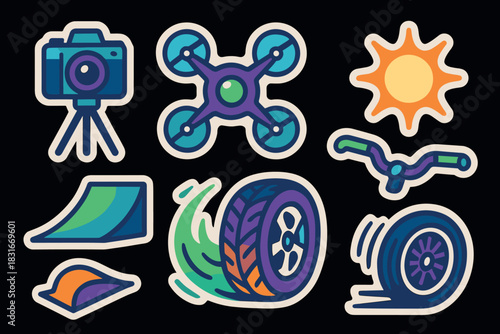 Colorful collection of filming and action sport icons for creative design projects