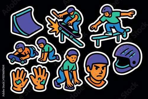 Vibrant skateboarding icon stickers for creative design and decor use