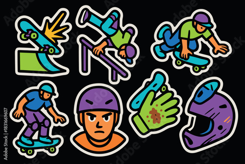 Colorful skateboard icons collection for creative design and decoration