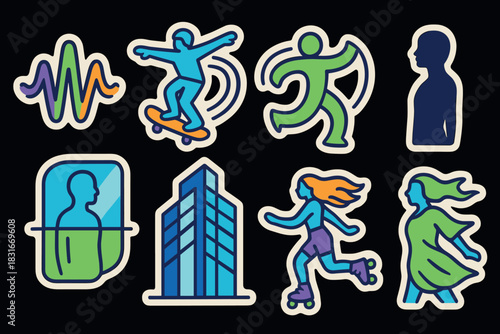 Dynamic sticker icons collection featuring skaters and modern urban elements for creative design projects