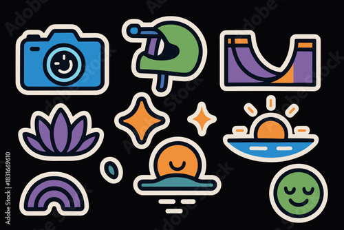 Colorful icon sticker set featuring happy faces, sunsets, and fun objects for creative design