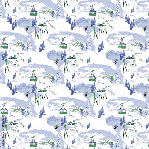 Seamless Winter Ski Resort Pattern – Mountain Landscape, Skiers, Cable Cars, Snowy Forest Illustration