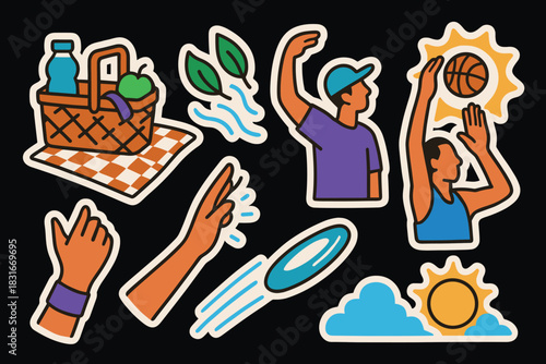 Vibrant outdoor activity stickers featuring picnic, sports, and nature elements for creative designs