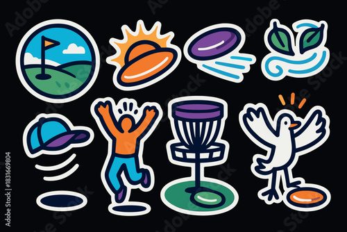 Colorful disc golf icon set for outdoor sport and recreational activities