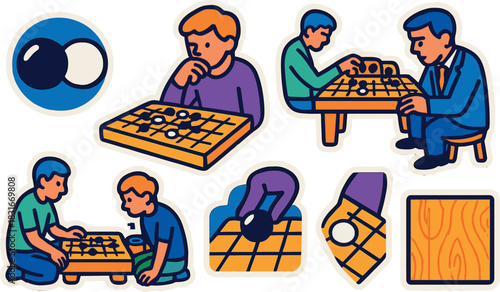 Go game icon set featuring players and game board for design and education