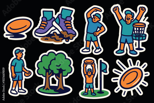 Vibrant disc golf icons for sport and fitness enthusiasts - perfect for design projects