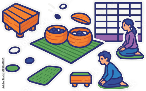 Go game sticker illustration featuring players and game elements for creative design