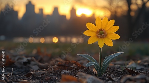 A vibrant sunflower stands tall against a city skyline at dusk, symbolizing resilience and beauty within an urban environment. Warm colors evoke a sense of hope and life.