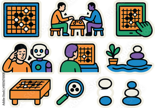 Go game patterns and icons for digital design - strategy and learning concept