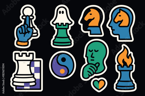 Vibrant chess icon set with creative abstract designs for strategic game enthusiasts