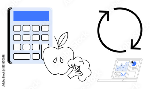Calculator, apple, broccoli, data on laptop, and recycle arrows emphasize wellness, budgeting, tech, and eco-awareness. Ideal for sustainability health tech nutrition education wellness