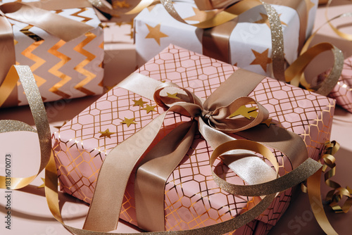 festive background lots of gift boxes with bows birthday gifts, valentine's day, anniversary gift, new year and christmas gift boxes.