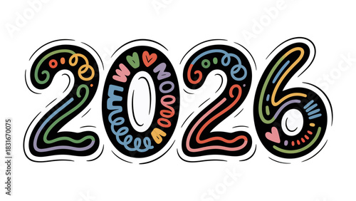 Digital 2026 Typography: A vibrant and colorful digital illustration of the year 2026, creatively designed with playful typography, embodying the spirit of innovation and future