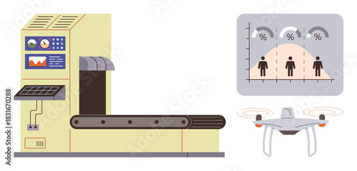 Automated conveyor belt system with monitor, quadcopter illustrating flight utility, graph with data visualization. Ideal for logistics, AI, automation, technology, industry, production data