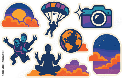 Vibrant skydive adventure icon set featuring parachuting, meditation, and celestial themes for artistic design