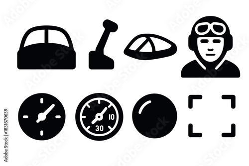Aviation icon set featuring pilot, cockpit controls, and navigation instruments