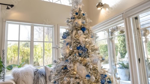 Decorated christmas tree indoors with natural light festive decorations and gifts