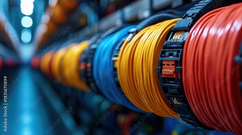 Obraz premium A series of vibrant, colorful electrical cables ? yellow, blue, and red ? are neatly coiled on a shelf. The blurred background highlights the colors and texture.