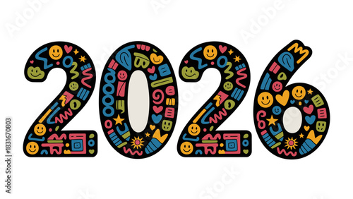 Vibrant Typography of 2026: An eye-catching graphic spells out the year 2026 with a bold, colorful design, filled with whimsical patterns and icons.
