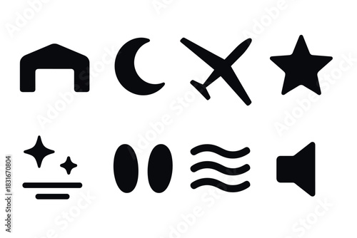 Minimalist night icons set featuring moon, airplane, stars, and sound elements for design use