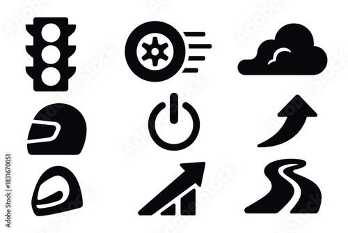 Racing icon set with speed, helmet, clouds, and road elements for design and print