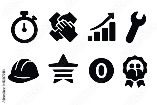 Bold minimalist icon set featuring stopwatch, handshake, growth chart, wrench, helmet, star, zero, and award ribbon for contemporary design projects