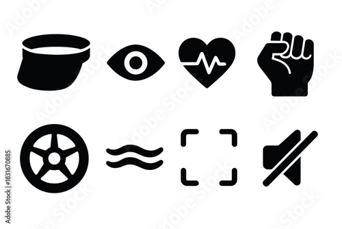 Minimalist icon set including fitness, navigation, and multimedia symbols for design projects