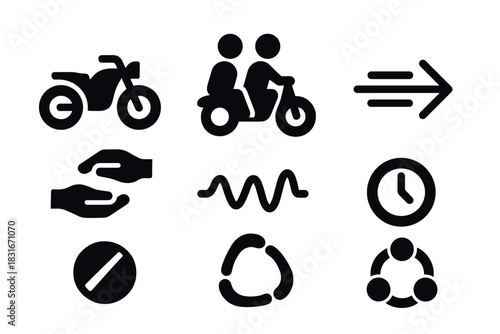 Minimalist vector icons set featuring motorcycles, hands, arrows, and clocks for modern design