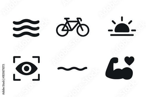 Bold vector icon set featuring waves, bicycle, sunset, eye, arm flex, and heart for design projects