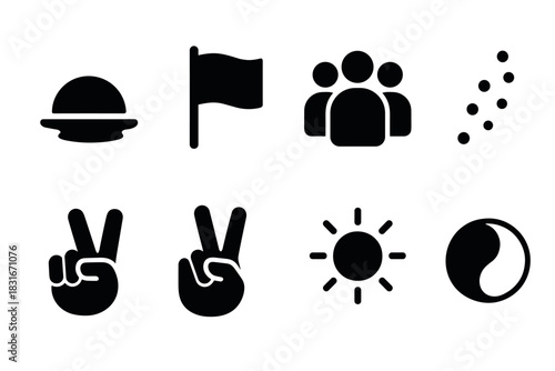 Bold minimalist icon set featuring peace gesture flag sun and yin yang design for web and print
