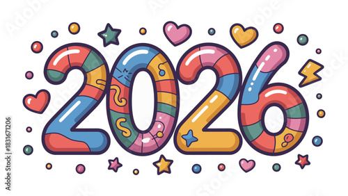 Year 2026: Colorful numeral 2026, creatively adorned with various shapes, symbols, and vibrant hues, signifying a milestone year.