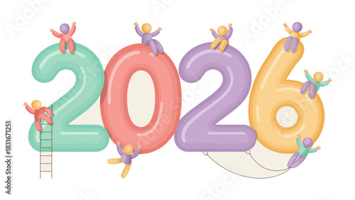 Year 2026: Conceptual visualization of the year 2026, where vibrant numbers are brought to life through whimsical characters, creating a sense of forward momentum and anticipation.