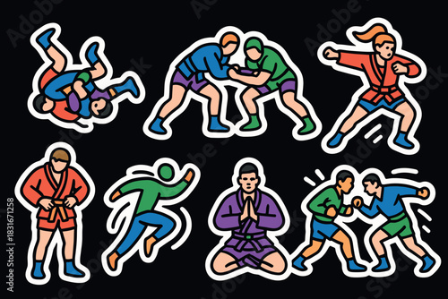 Dynamic sambo fighters illustrations for martial arts design and decoration