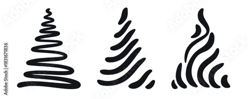 Black silhouettes of festive Christmas trees. Set of creative New Years trees. Modern fir trees for designing cards, invitations, and greeting cards. Clip art, vector elements