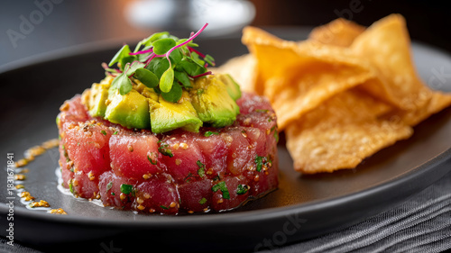 Tuna tartare with avocado and chips on a stylish black plate.