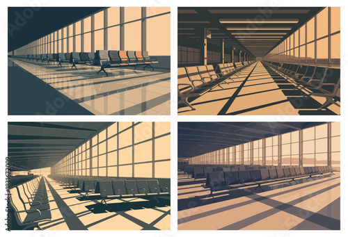 Liminal Space Art of Empty Airport Terminal with Long Shadows