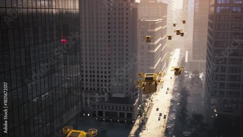 Swarm of Yellow Delivery Drones Navigates a Sunlit Downtown Avenue, Autonomously Transporting Parcels Between Glass Skyscrapers, Aerial Logistics, Ecommerce, Futuristic Smart City Transportation 