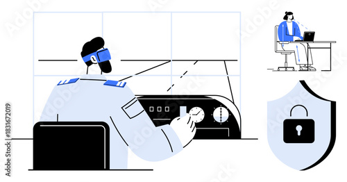 Air traffic control concept. Air traffic control ensures smooth navigation with advanced systems. Air traffic control integrates cybersecurity for aviation safety. For airports, cybersecurity