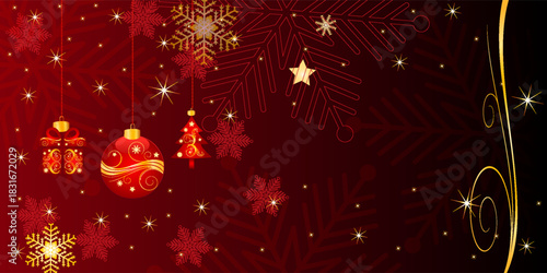 Christmas red classic background, greeting card, banner with xmas flowers, ornaments and lettering. vector ilustration eps 10