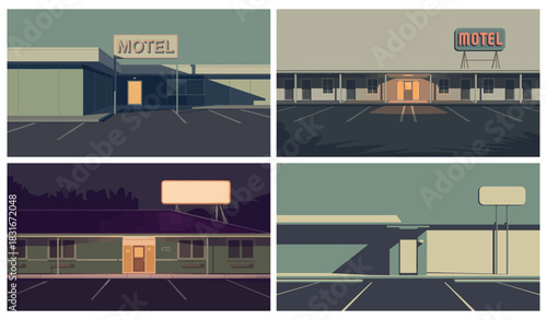 Liminal Motel Scenes with Empty Parking Lots and Neon Signs