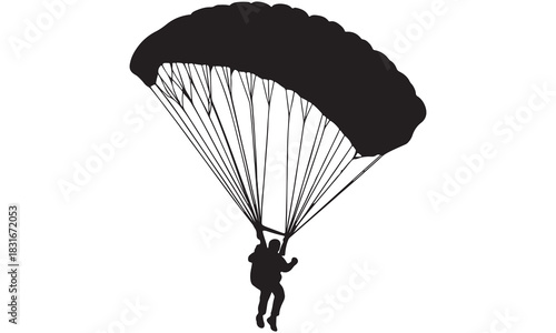 Black silhouette parachute clipart featuring a skydiver in motion. Perfect for aviation art, adventure designs, training posters, military graphics, and extreme sports projects.