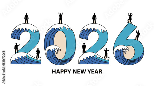 New Year 2026: An illustration showcases the upcoming year 2026 with figures atop stylized waves and wishes a Happy New Year.  