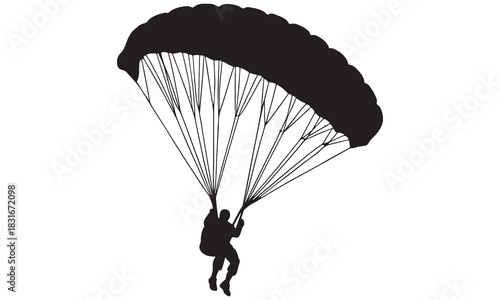 Black silhouette parachute clipart featuring a skydiver in motion. Perfect for aviation art, adventure designs, training posters, military graphics, and extreme sports projects.
