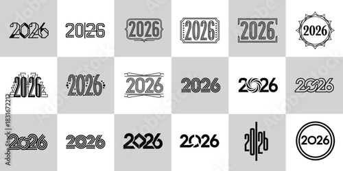 A creative collection of eighteen unique typography designs for the year 2026, perfect for logos, icons, and new year celebrations